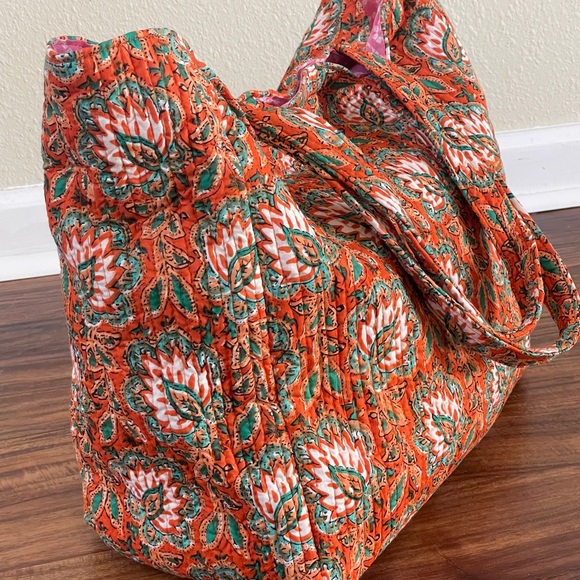 orange print Quilted tote beach summer shoulder bag reusable womens … - Picture 5 of 5